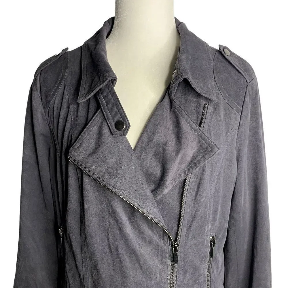 BNCI Blanc Noir Faux Suede Moto Jacket L Grey Asymmetrical Zipper Pockets Lined